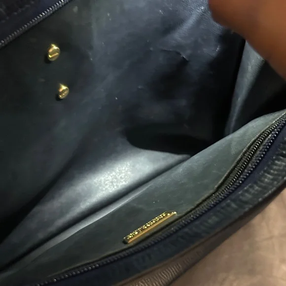 Authentic Vintage Christian Dior Leather Navy Blue Tote with Gold Accent